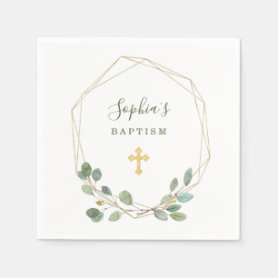 Watercolor Eucalyptus Gold Geometric   Baptism Napkins