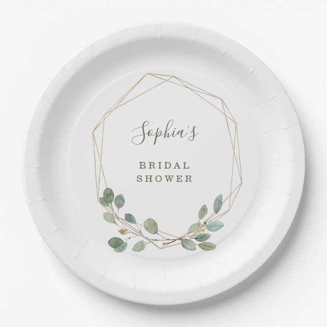 Watercolor Eucalyptus Gold Geometric Bridal Shower Paper Plates (Front)