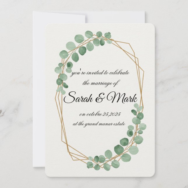 Watercolor Eucalyptus Gold Geometric Wedding Invitation (Front)