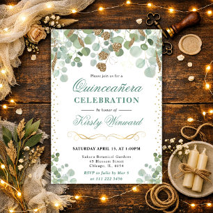 Watercolor Eucalyptus Gold Glitter Quinceanera Invitation