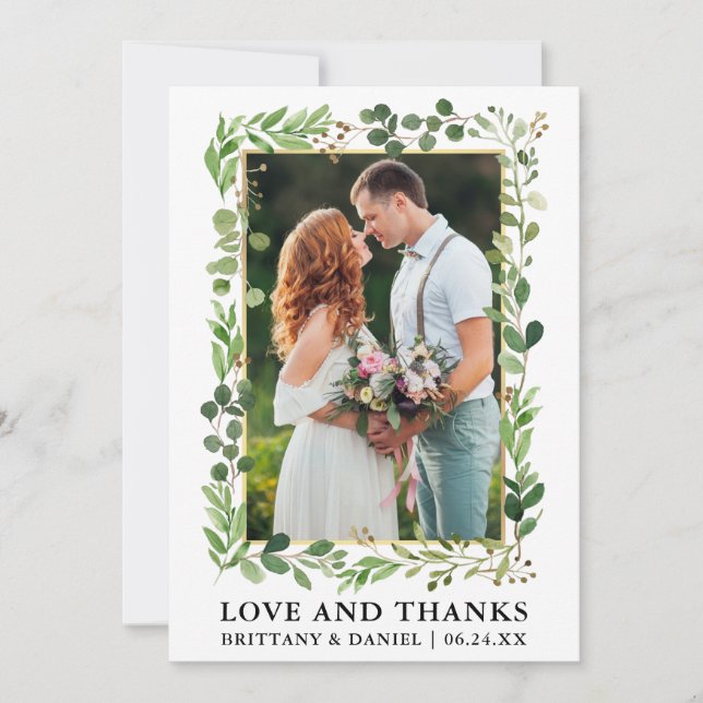 Watercolor Eucalyptus Gold Love Thanks Wedding Thank You Card (Front)