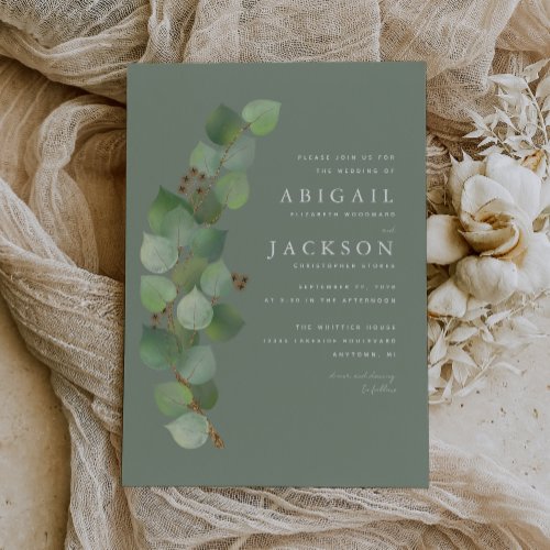 Watercolor Eucalyptus Gold Sage Green Wedding Invitation