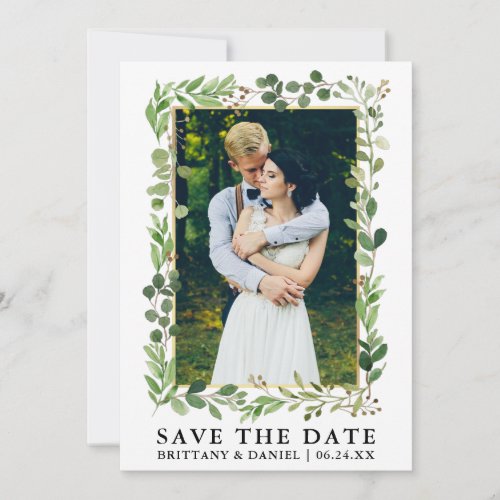 Watercolor Eucalyptus Gold Save The Date Card