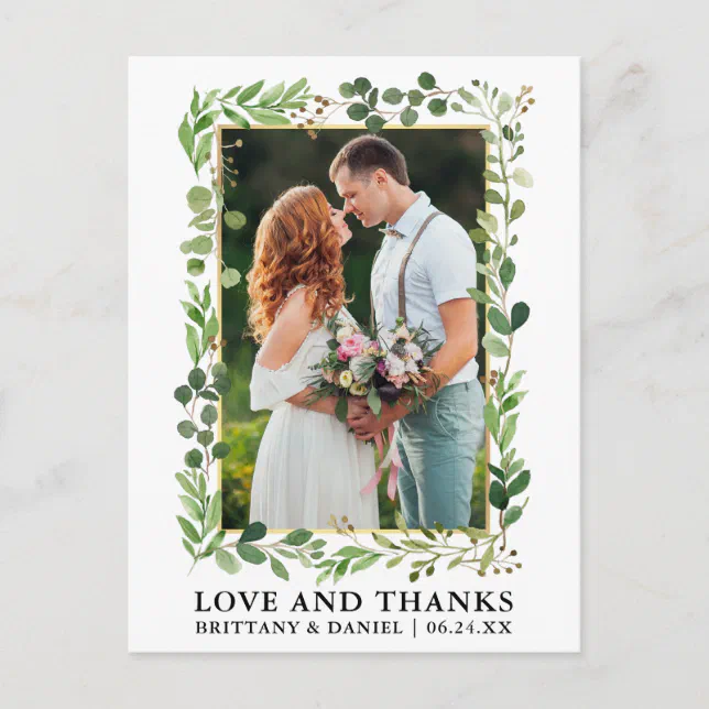 Watercolor Eucalyptus Gold Wedding Love Thanks Postcard | Zazzle