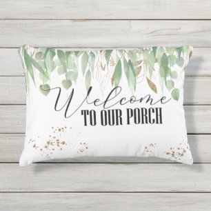 Watercolor Eucalyptus Gold Welcome To Our Porch Outdoor Pillow