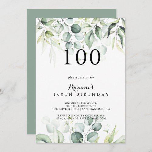Watercolor Eucalyptus Green 100th Birthday Party   Invitation
