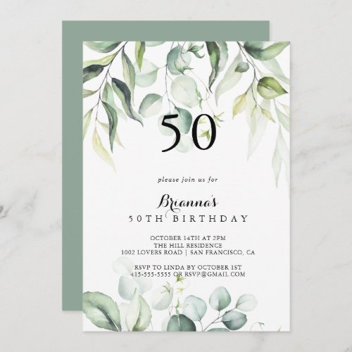 Watercolor Eucalyptus Green 50th Birthday Party  I Invitation