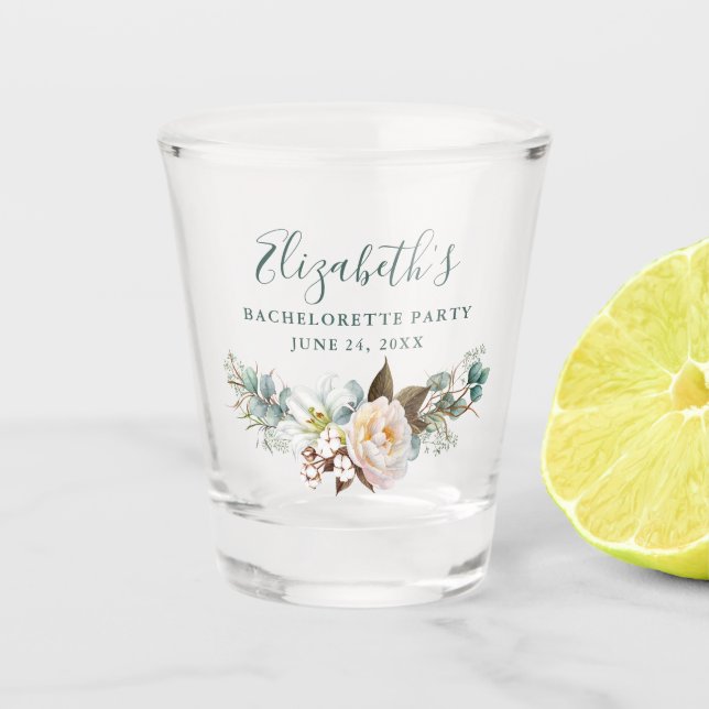 Watercolor Eucalyptus Green Bachelorette Party Shot Glass (Front)