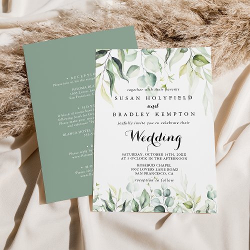 Watercolor Eucalyptus Green Front  Back Wedding  Invitation