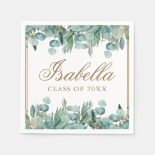 Watercolor Eucalyptus Green Gold Graduation Napkins