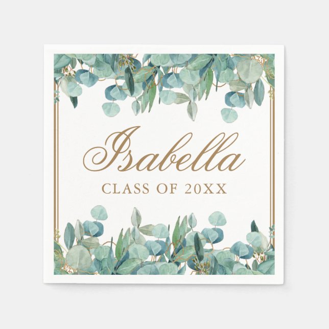Watercolor Eucalyptus Green Gold Graduation Napkins (Front)