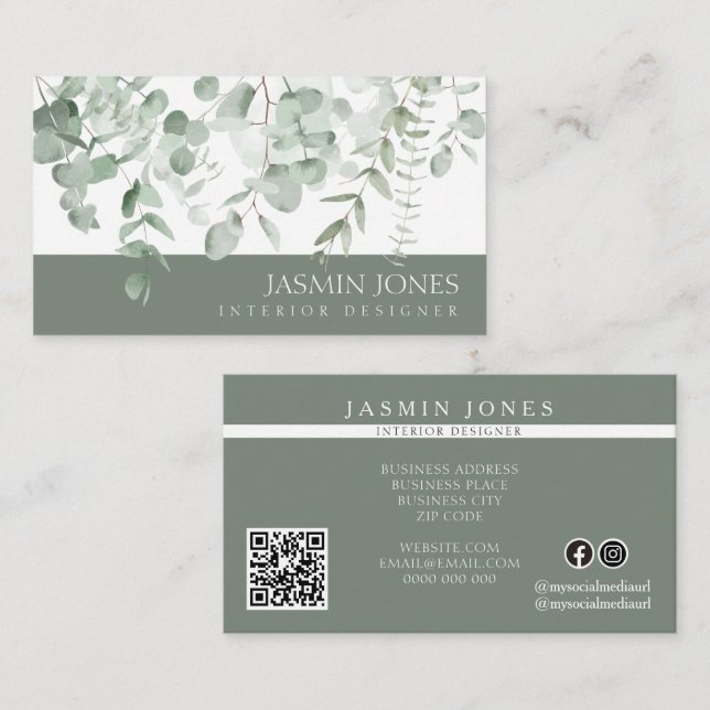 Watercolor Eucalyptus Green Interior Designer Business Card (Front/Back)
