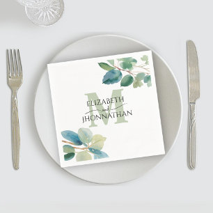 Watercolor Eucalyptus Green Monogrammed Wedding Napkins