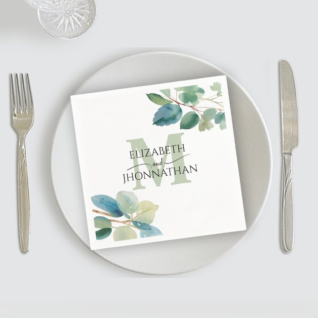 Watercolor Eucalyptus Green Monogrammed Wedding Napkins (Creator Uploaded)