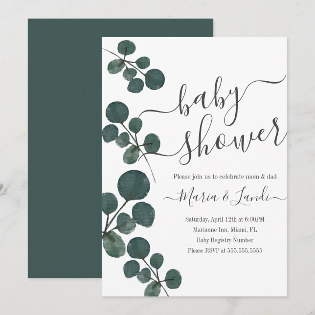 Watercolor Eucalyptus Green Script Baby Shower Invitation (Front/Back)