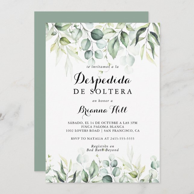 Watercolor Eucalyptus Green Spanish Bridal Shower  Invitation (Front/Back)