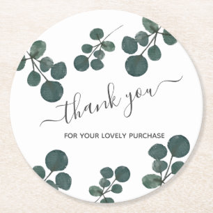 Watercolor Eucalyptus Green Thank You Business Round Paper Coaster