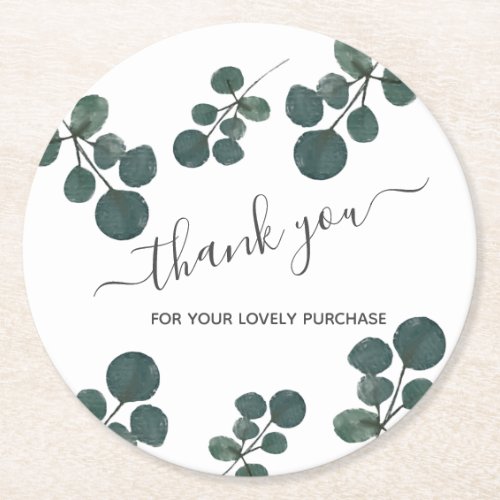 Watercolor Eucalyptus Green Thank You   Business Round Paper Coaster