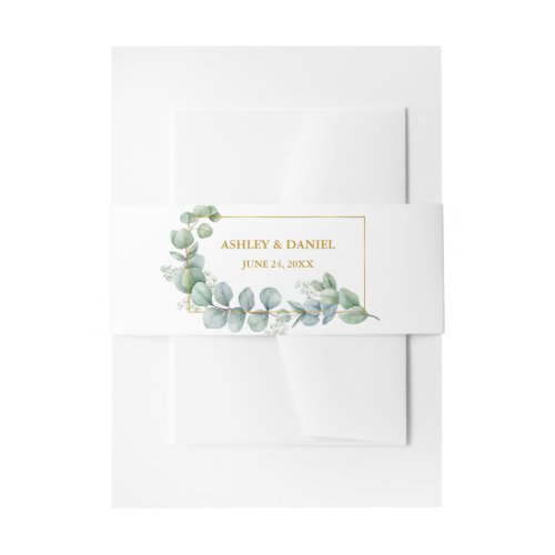 Watercolor Eucalyptus Green Wedding Gold Frame Invitation Belly Band