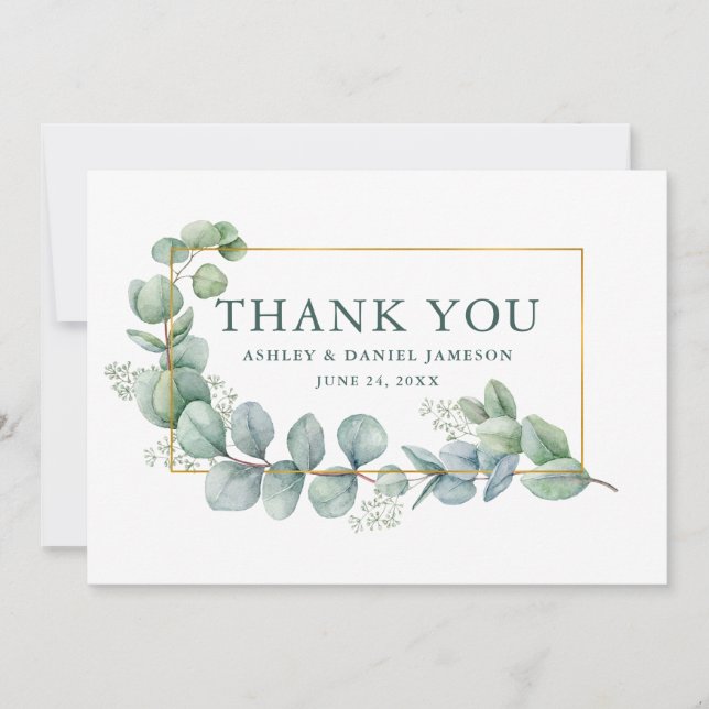Watercolor Eucalyptus Green Wedding Gold Frame Thank You Card (Front)