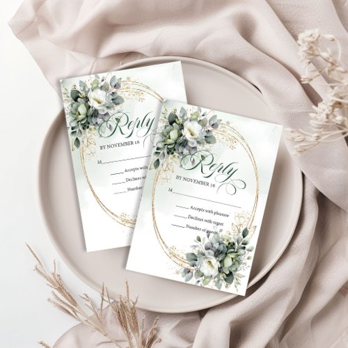 Watercolor Eucalyptus Green White Wedding RSVP  Card