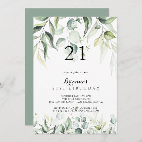 Watercolor Eucalyptus Greenery 21st Birthday Party Invitation