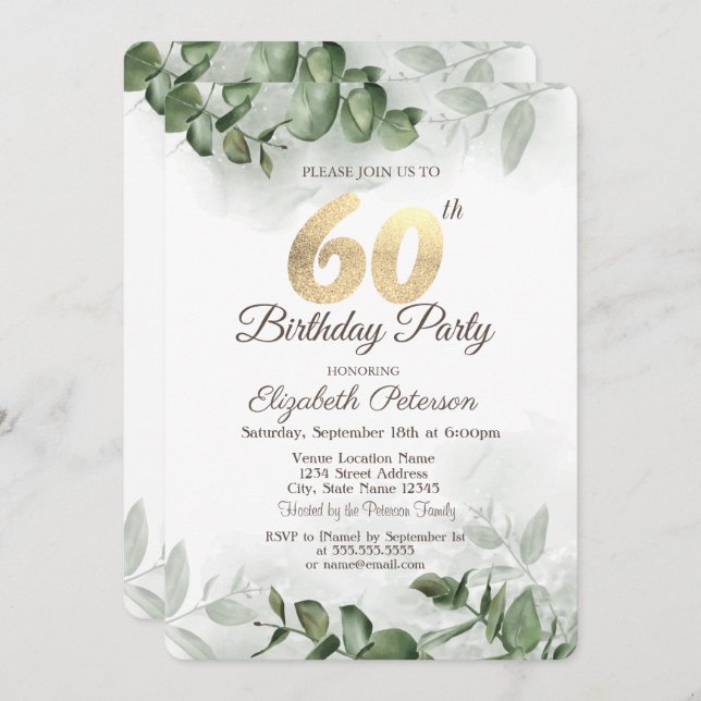 Watercolor Eucalyptus Greenery 60th Birthday   Invitation (Front/Back)