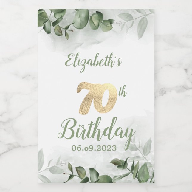 Watercolor Eucalyptus Greenery 70th  Wine Label (Single Label)