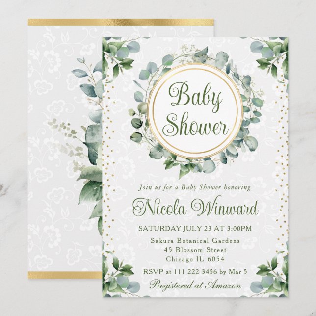 Watercolor Eucalyptus Greenery Baby Shower Invitation (Front/Back)