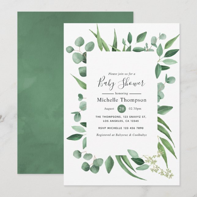 Watercolor Eucalyptus Greenery Baby Shower Invitation (Front/Back)