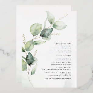 Watercolor Eucalyptus Greenery Baby Shower Silver Foil Invitation