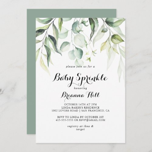 Watercolor Eucalyptus Greenery Baby Sprinkle  Invitation