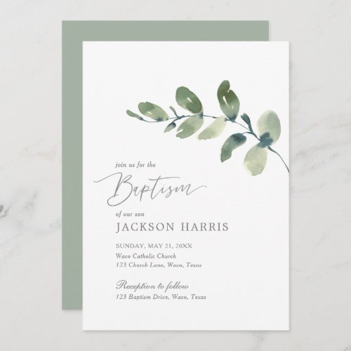 Watercolor Eucalyptus Greenery Baptism Invitation