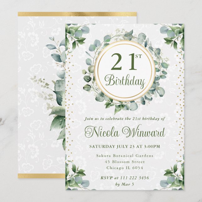 Watercolor Eucalyptus Greenery Birthday Invitation (Front/Back)