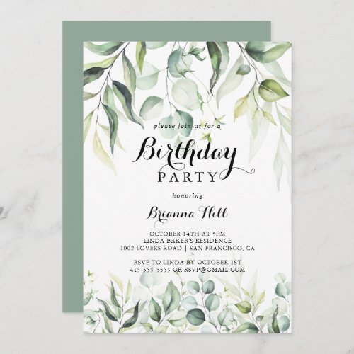 Watercolor Eucalyptus Greenery Birthday Party  Invitation