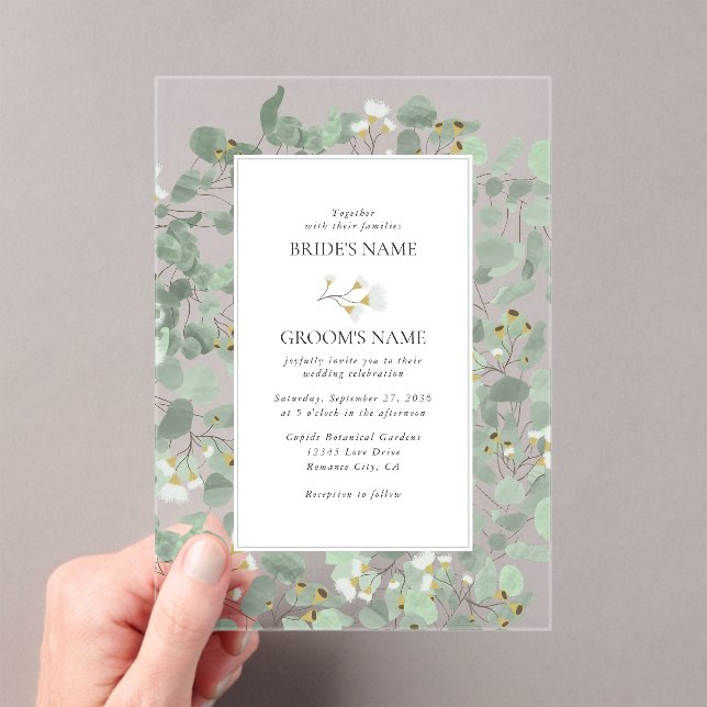 Watercolor Eucalyptus Greenery Blossoms Wedding Acrylic Invitations (Insitu (Handheld))