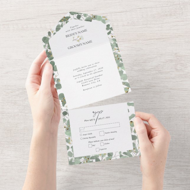 Watercolor Eucalyptus Greenery Blossoms Wedding All In One Invitation (Tearaway)