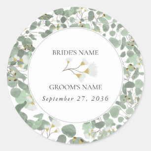 Watercolor Eucalyptus Greenery Blossoms Wedding Classic Round Sticker