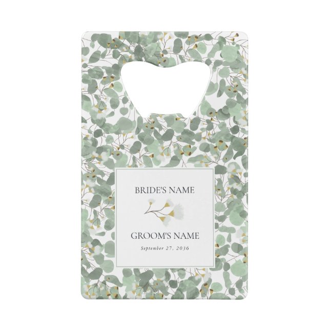 Watercolor Eucalyptus Greenery Blossoms Wedding Credit Card Bottle Opener (Back)