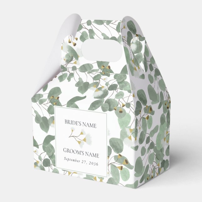 Watercolor Eucalyptus Greenery Blossoms Wedding Favor Boxes (Front Side)