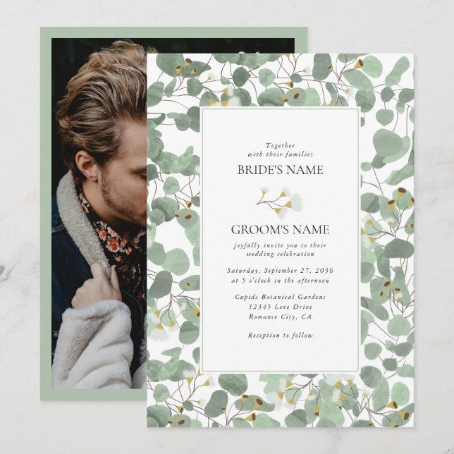 Watercolor Eucalyptus Greenery Blossoms Wedding Invitation (Front/Back)