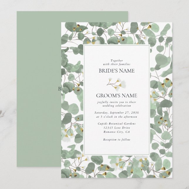 Watercolor Eucalyptus Greenery Blossoms Wedding Invitation (Front/Back)