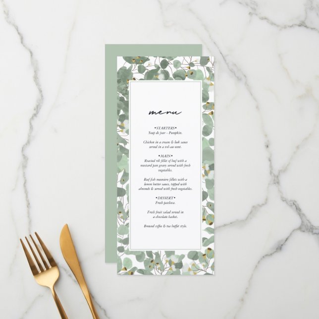 Watercolor Eucalyptus Greenery Blossoms Wedding Menu (Front/Back In Situ)