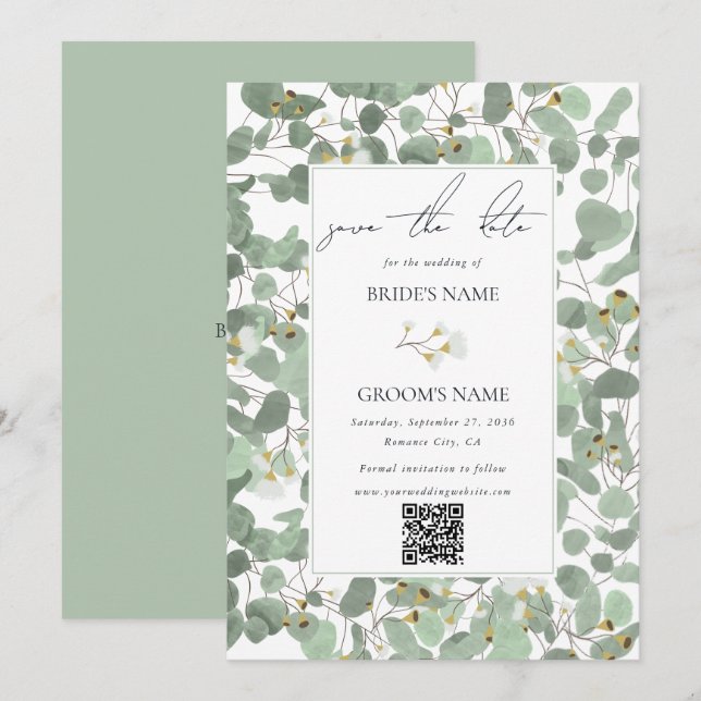 Watercolor Eucalyptus Greenery Blossoms Wedding Save The Date (Front/Back)