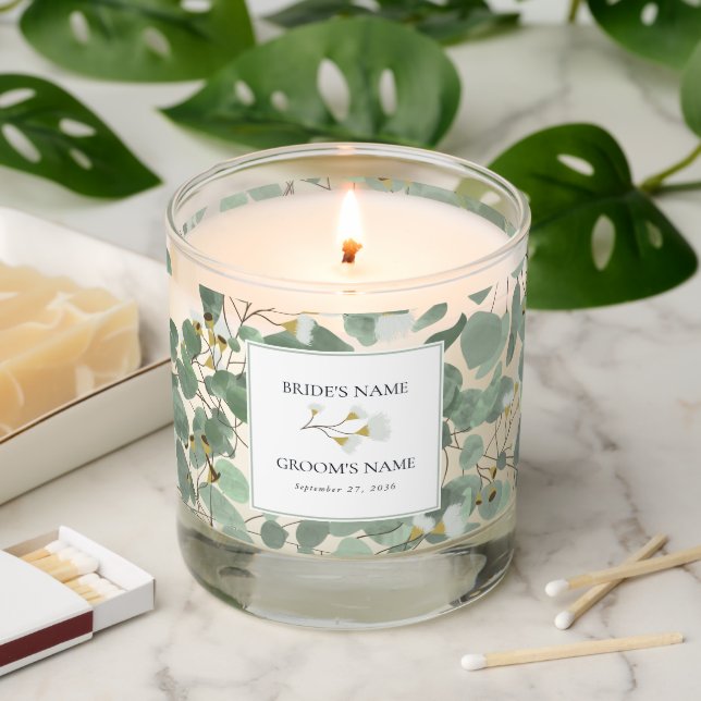 Watercolor Eucalyptus Greenery Blossoms Wedding Scented Candle (Lit)