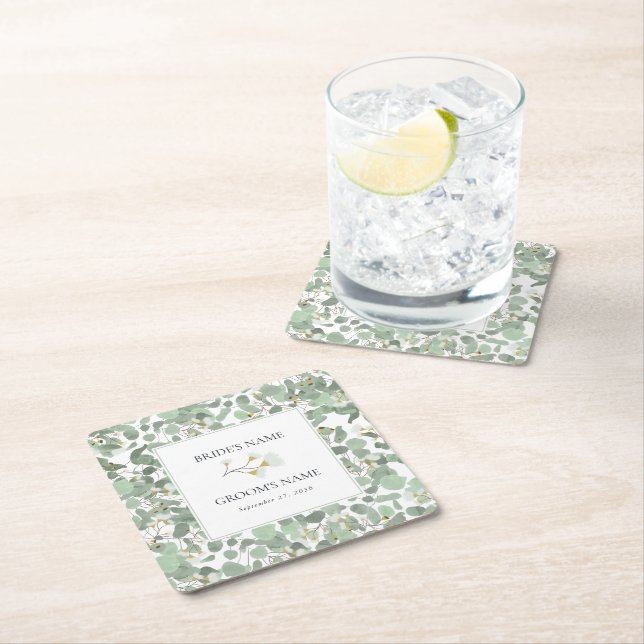 Watercolor Eucalyptus Greenery Blossoms Wedding Square Paper Coaster (Insitu)