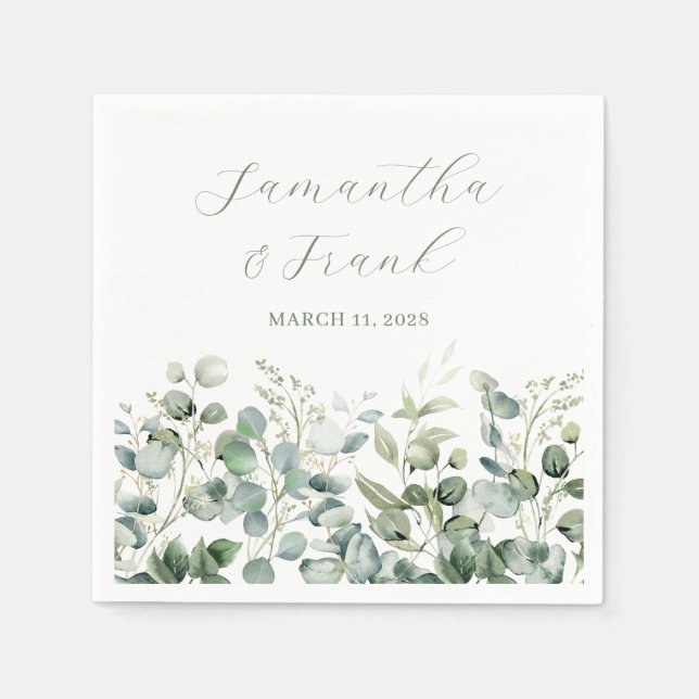 Watercolor Eucalyptus Greenery Border Wedding Napkins (Front)