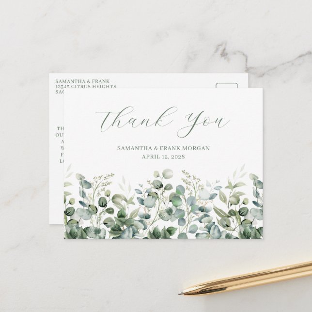 Watercolor Eucalyptus Greenery Border Wedding Postcard (Front/Back In Situ)