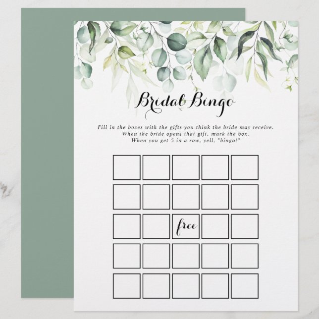 Watercolor Eucalyptus Greenery Bridal Bingo Game (Front/Back)