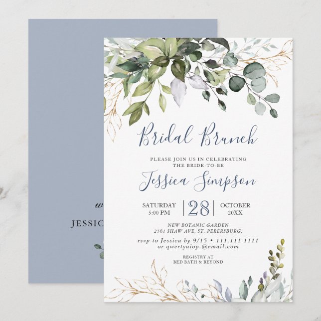 Watercolor Eucalyptus Greenery Bridal  Brunch Invitation (Front/Back)